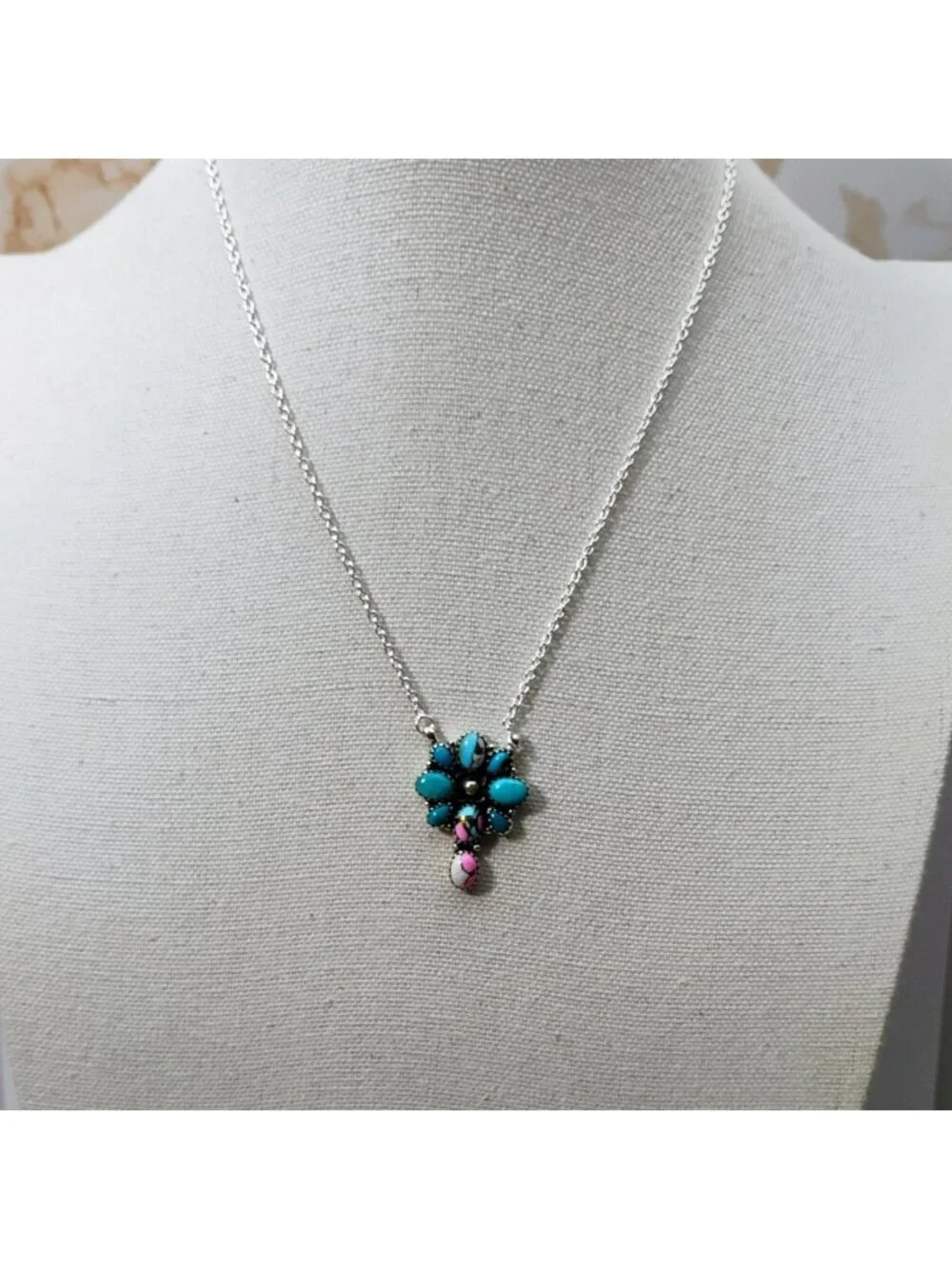 Southwest Sterling Silver Cotton Candy Turquoise Cluster Flower Pendant Necklace